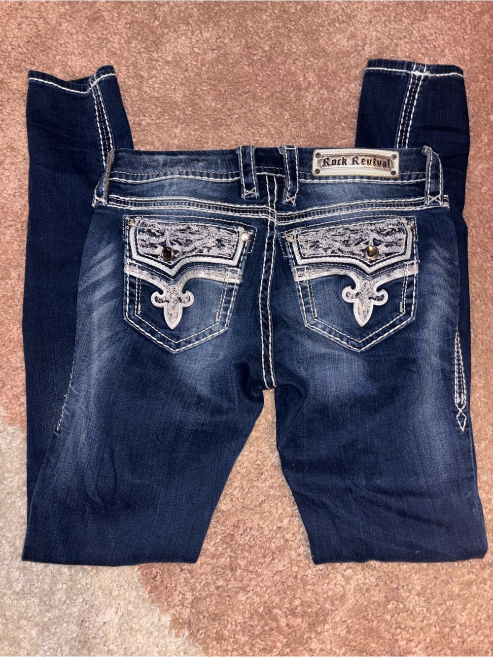 Rock Revival Women's Dark Blue Faded Embellished Pocket Skinny Jeans